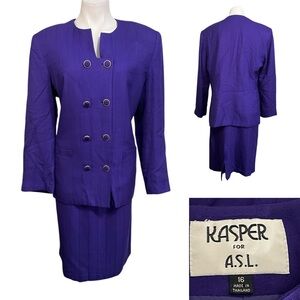 Vtg Kasper blazer & Skirt Suit set 16 purple Double-Breasted gold trim button
